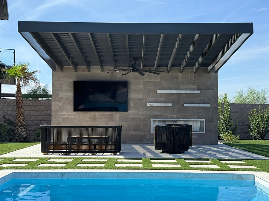 Pool & Backyard Accessories including tv, pool chairs, custom deck, and pool